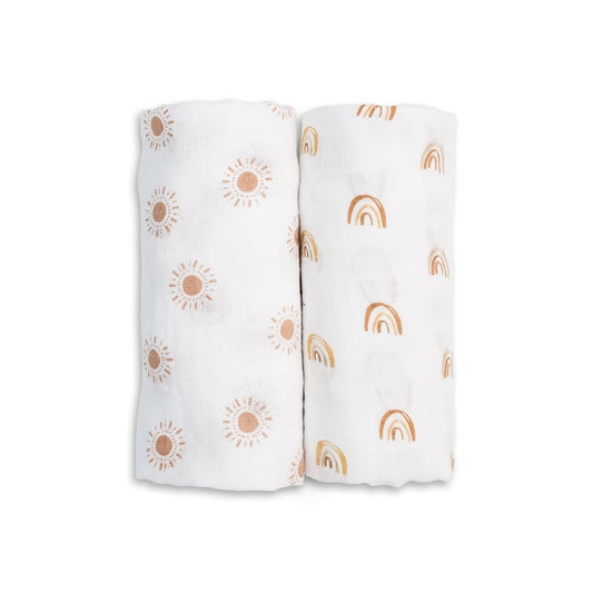Lulujo - 2 Pack Cotton Swaddles - Rainbows / Suns (100cm x100cm)