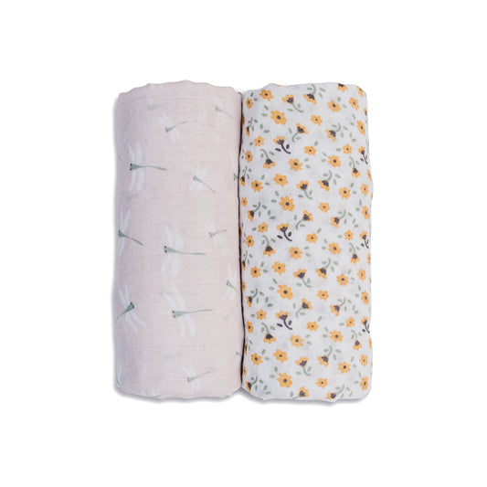 Lulujo - 2 Pack Cotton Swaddles - Vintage Floral / Dragonflies (100cm x100cm)