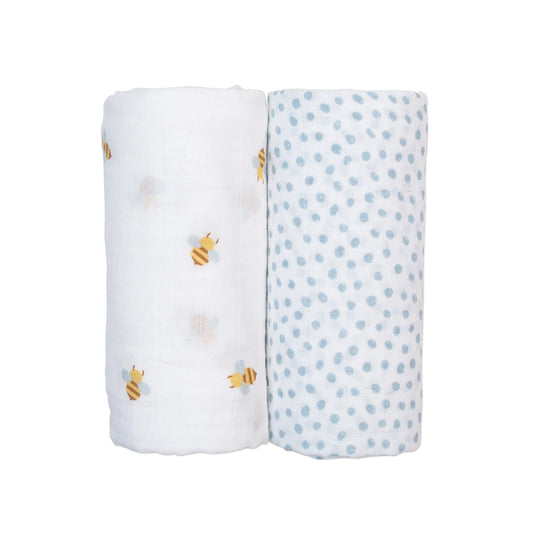 Lulujo - 2 Pack Cotton Swaddles - Bees / Dots (100cm x100cm)