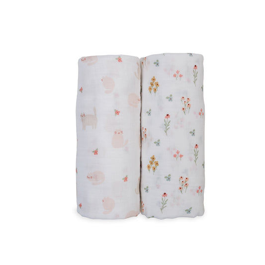 Lulujo - 2 Pack Cotton Swaddles - Kitty Cat / Flower Field (100cm x100cm)
