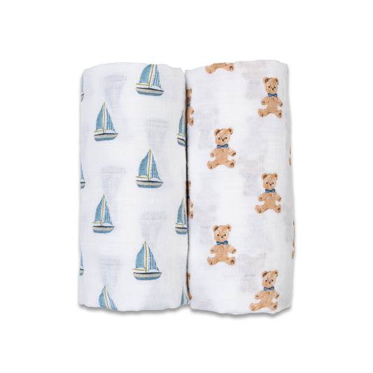 Lulujo - 2 Pack Cotton Swaddles - Vintage Bears / Sailboat (100cm x100cm)