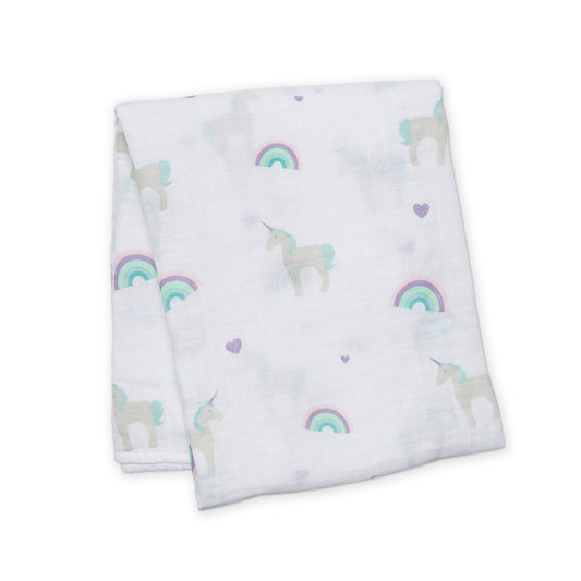 Lulujo - Muslin Swaddle - Rainbows & Unicorns (120cm x 120cm)