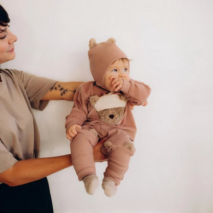 Organic Embroidered Jumper - Teddybear - Rosewood Pink - 0-2 months