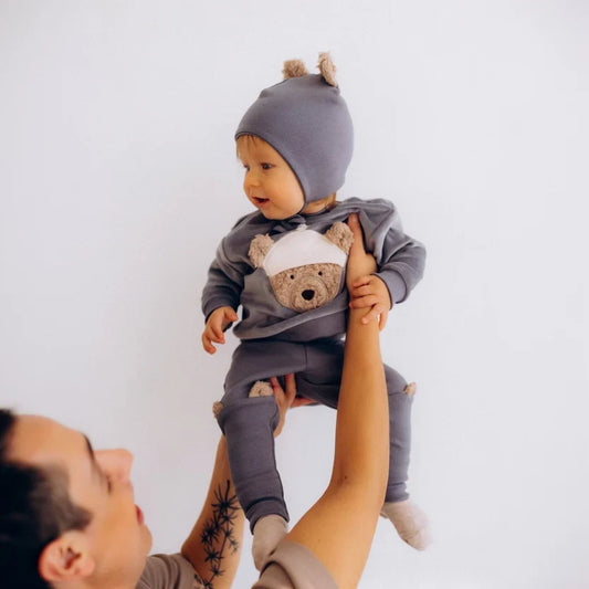 Organic Embroidered Jumper - Teddybear - Blue Slate - 0-2 months