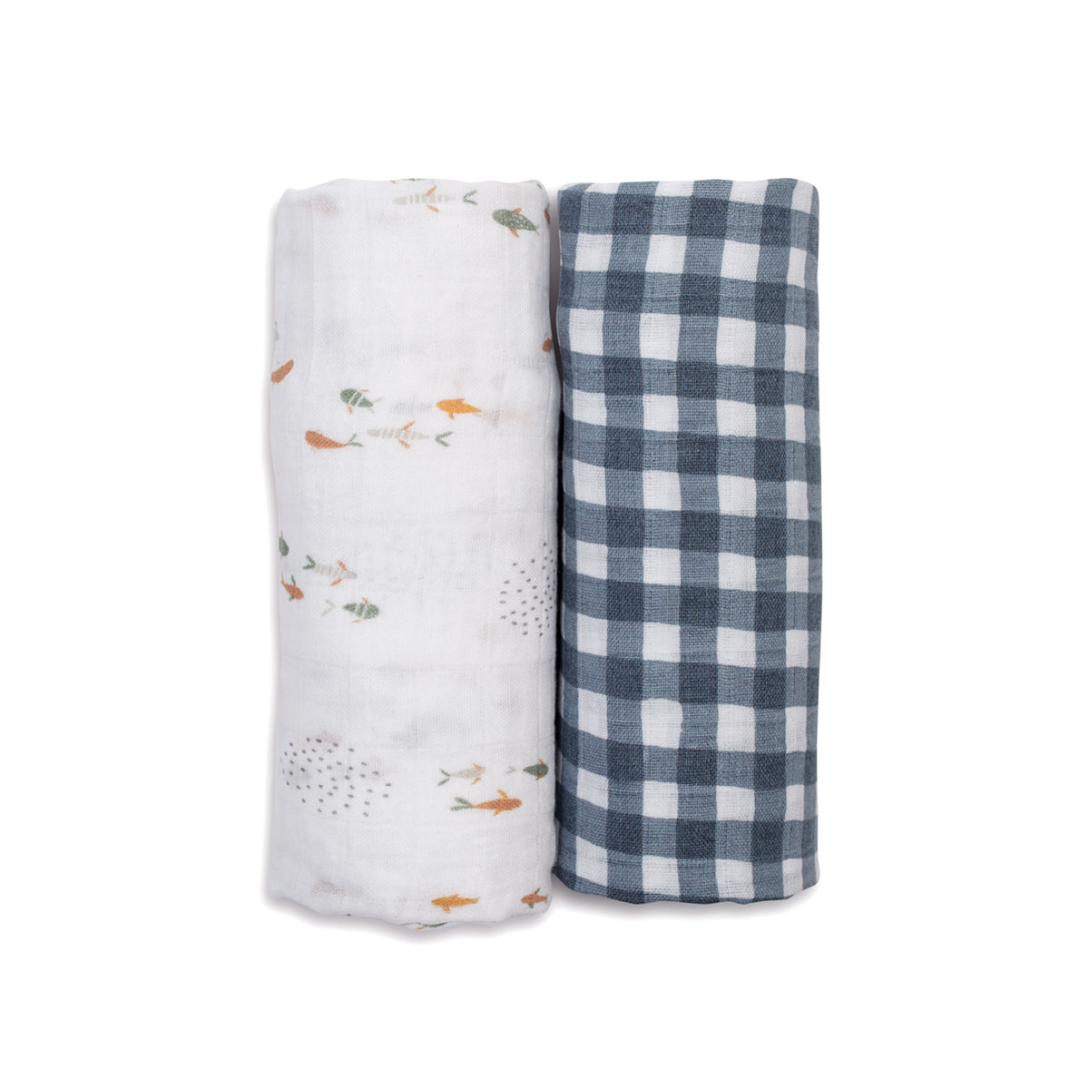 Lulujo - 2 Pack Cotton Swaddles - Fish / Navy Gingham (100cm x100cm)