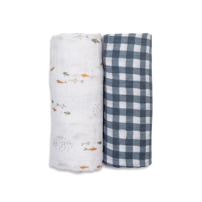 Lulujo - 2 Pack Cotton Swaddles - Fish / Navy Gingham (100cm x100cm)