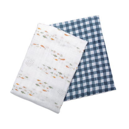 Lulujo - 2 Pack Cotton Swaddles - Fish / Navy Gingham (100cm x100cm)