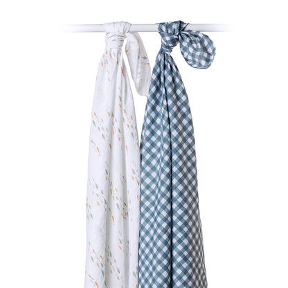 Lulujo - 2 Pack Cotton Swaddles - Fish / Navy Gingham (100cm x100cm)