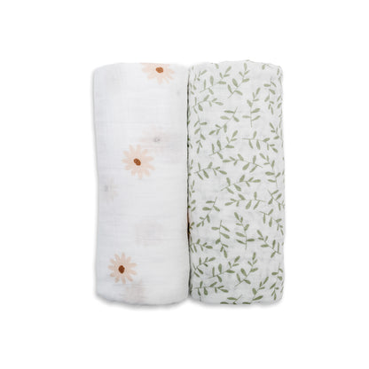 Lulujo - 2 Pack Cotton Swaddles - Daisy / Greenery (100cm x100cm)