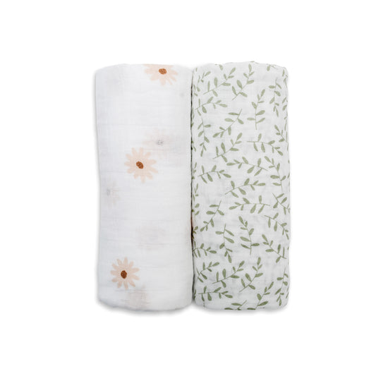 Lulujo - 2 Pack Cotton Swaddles - Daisy / Greenery (100cm x100cm)