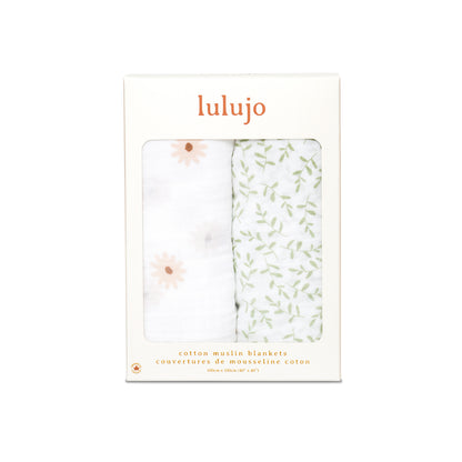 Lulujo - 2 Pack Cotton Swaddles - Daisy / Greenery (100cm x100cm)