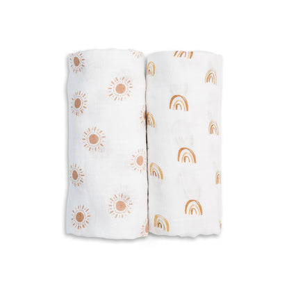 Lulujo - 2 Pack Cotton Swaddles - Rainbows / Suns (100cm x100cm)