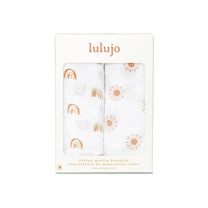Lulujo - 2 Pack Cotton Swaddles - Rainbows / Suns (100cm x100cm)