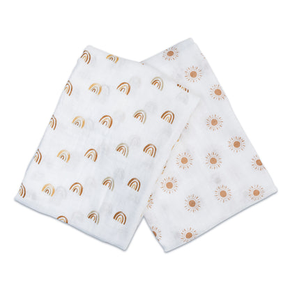 Lulujo - 2 Pack Cotton Swaddles - Rainbows / Suns (100cm x100cm)