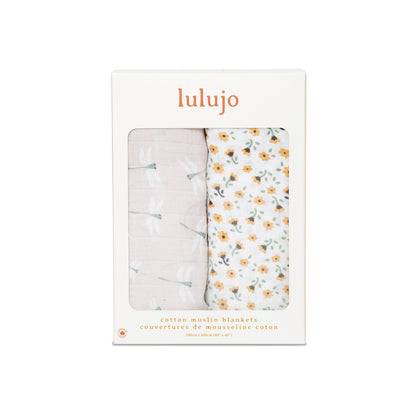 Lulujo - 2 Pack Cotton Swaddles - Vintage Floral / Dragonflies (100cm x100cm)