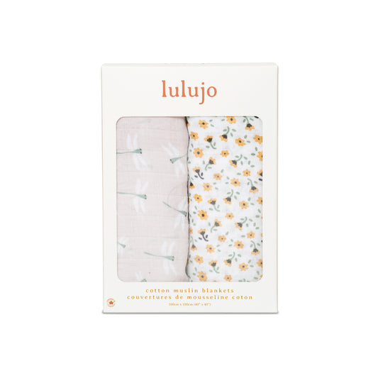 Lulujo - 2 Pack Cotton Swaddles - Vintage Floral / Dragonflies (100cm x100cm)