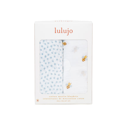 Lulujo - 2 Pack Cotton Swaddles - Bees / Dots (100cm x100cm)