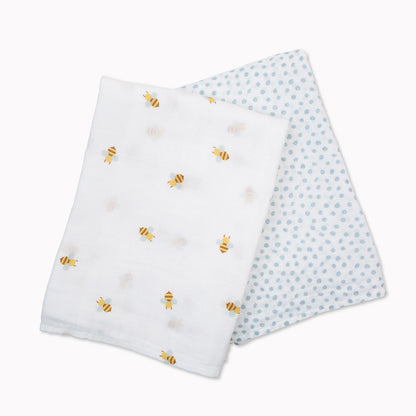Lulujo - 2 Pack Cotton Swaddles - Bees / Dots (100cm x100cm)