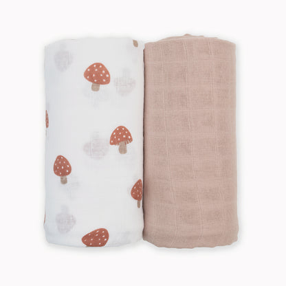 Lulujo - 2 Pack Cotton Swaddles - Mushrooms / Sand (100cm x100cm)