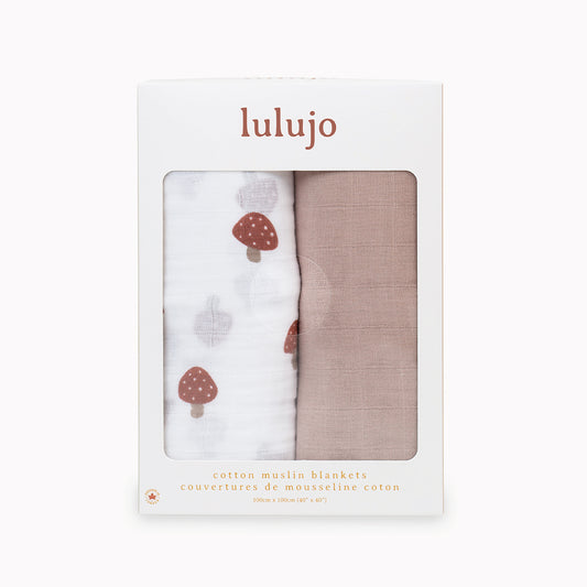 Lulujo - 2 Pack Cotton Swaddles - Mushrooms / Sand (100cm x100cm)