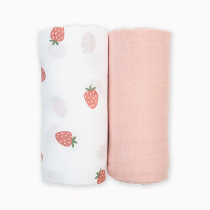 Lulujo - 2 Pack Cotton Swaddles - Strawberries / Pink (100cm x100cm)