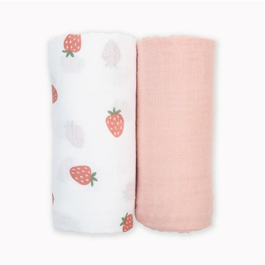 Lulujo - 2 Pack Cotton Swaddles - Strawberries / Pink (100cm x100cm)