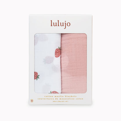 Lulujo - 2 Pack Cotton Swaddles - Strawberries / Pink (100cm x100cm)