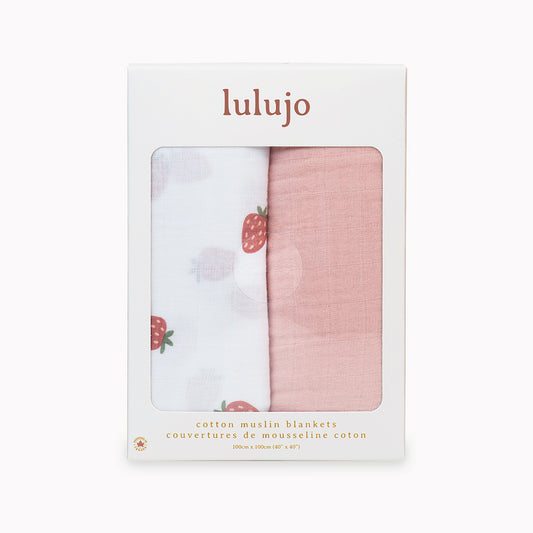 Lulujo - 2 Pack Cotton Swaddles - Strawberries / Pink (100cm x100cm)
