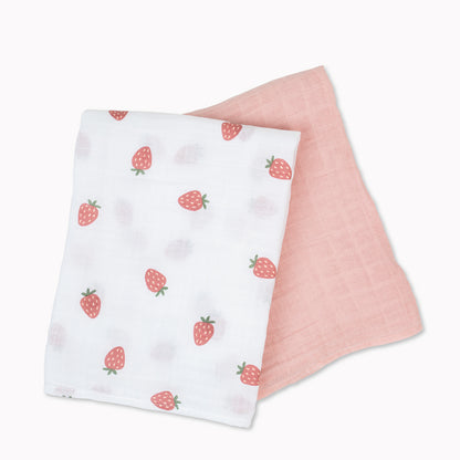 Lulujo - 2 Pack Cotton Swaddles - Strawberries / Pink (100cm x100cm)