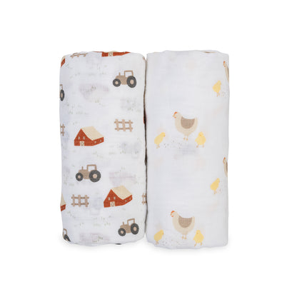 Lulujo - 2 Pack Cotton Swaddles - Barnyard / Hens & Chicks (100cm x100cm)