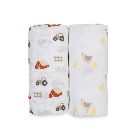 Lulujo - 2 Pack Cotton Swaddles - Barnyard / Hens & Chicks (100cm x100cm)