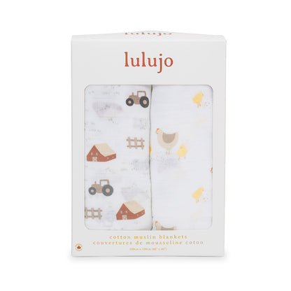 Lulujo - 2 Pack Cotton Swaddles - Barnyard / Hens & Chicks (100cm x100cm)
