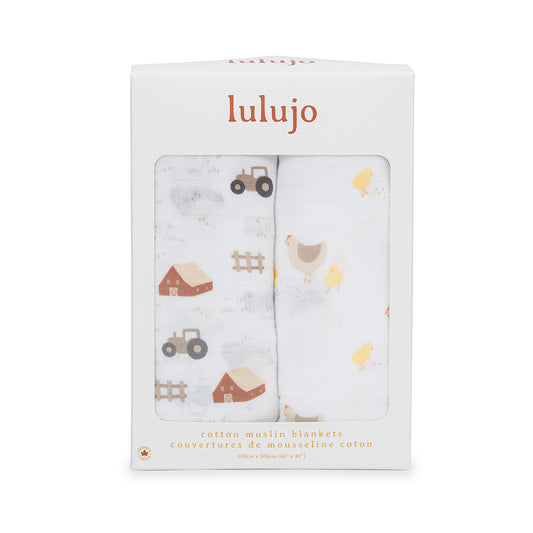 Lulujo - 2 Pack Cotton Swaddles - Barnyard / Hens & Chicks (100cm x100cm)