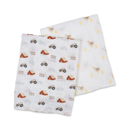 Lulujo - 2 Pack Cotton Swaddles - Barnyard / Hens & Chicks (100cm x100cm)
