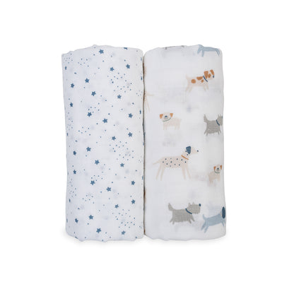Lulujo - 2 Pack Cotton Swaddles - Puppy Dogs / Stars (100cm x100cm)