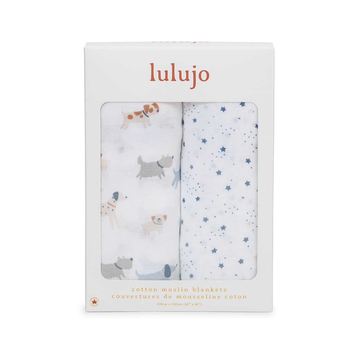 Lulujo - 2 Pack Cotton Swaddles - Puppy Dogs / Stars (100cm x100cm)