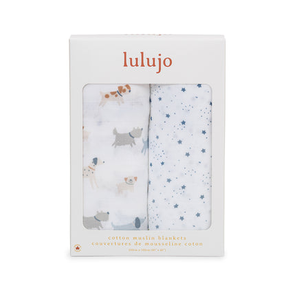 Lulujo - 2 Pack Cotton Swaddles - Puppy Dogs / Stars (100cm x100cm)