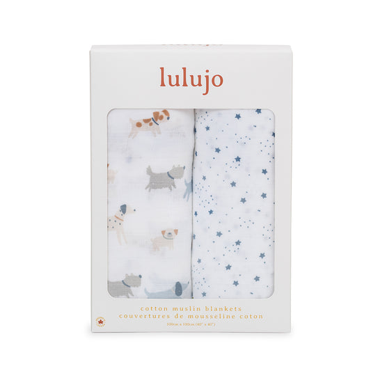Lulujo - 2 Pack Cotton Swaddles - Puppy Dogs / Stars (100cm x100cm)