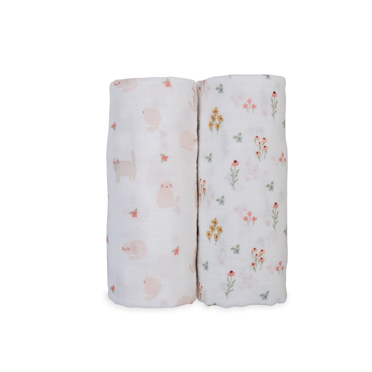 Lulujo - 2 Pack Cotton Swaddles - Kitty Cat / Flower Field (100cm x100cm)