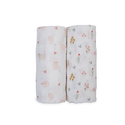 Lulujo - 2 Pack Cotton Swaddles - Kitty Cat / Flower Field (100cm x100cm)