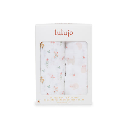 Lulujo - 2 Pack Cotton Swaddles - Kitty Cat / Flower Field (100cm x100cm)