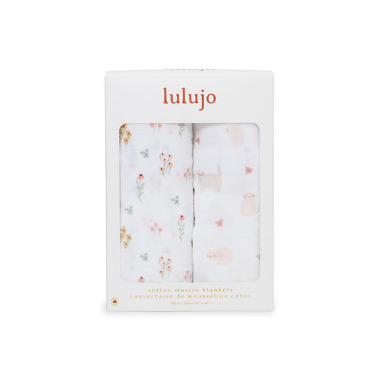 Lulujo - 2 Pack Cotton Swaddles - Kitty Cat / Flower Field (100cm x100cm)