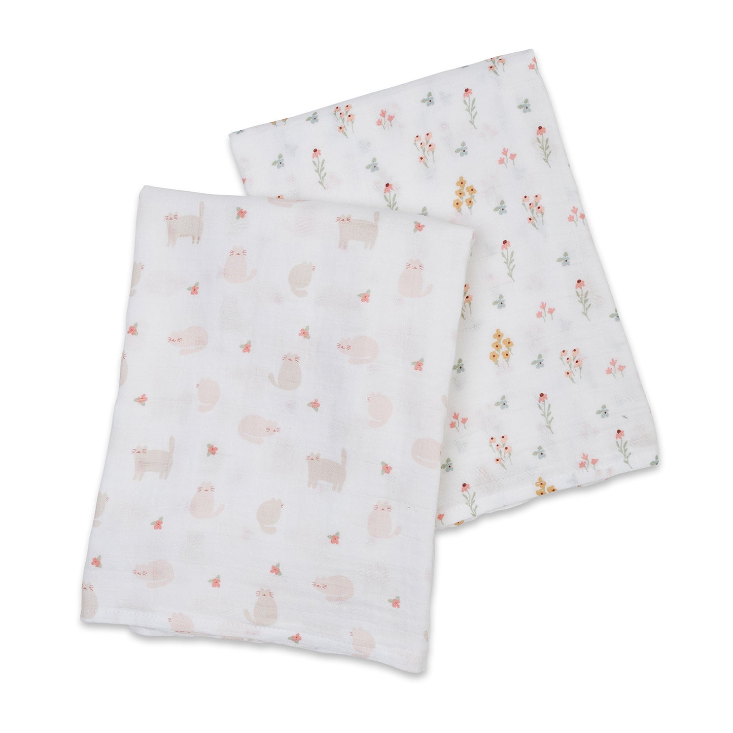 Lulujo - 2 Pack Cotton Swaddles - Kitty Cat / Flower Field (100cm x100cm)