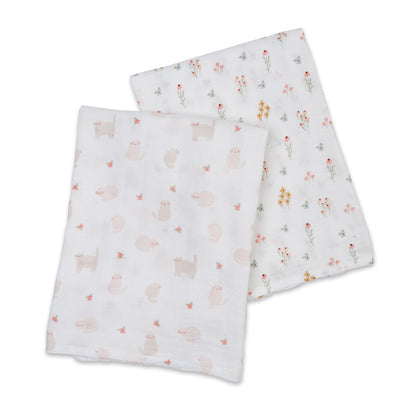 Lulujo - 2 Pack Cotton Swaddles - Kitty Cat / Flower Field (100cm x100cm)