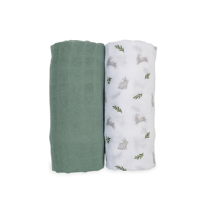 Lulujo - 2 Pack Cotton Swaddles - Bunnies / Fern (100cm x100cm)