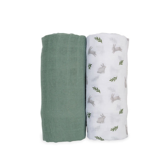 Lulujo - 2 Pack Cotton Swaddles - Bunnies / Fern (100cm x100cm)