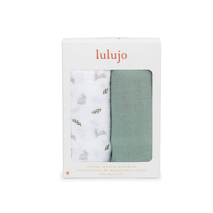Lulujo - 2 Pack Cotton Swaddles - Bunnies / Fern (100cm x100cm)