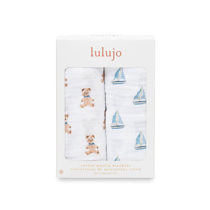 Lulujo - 2 Pack Cotton Swaddles - Vintage Bears / Sailboat (100cm x100cm)