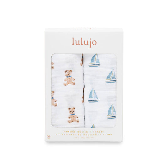 Lulujo - 2 Pack Cotton Swaddles - Vintage Bears / Sailboat (100cm x100cm)