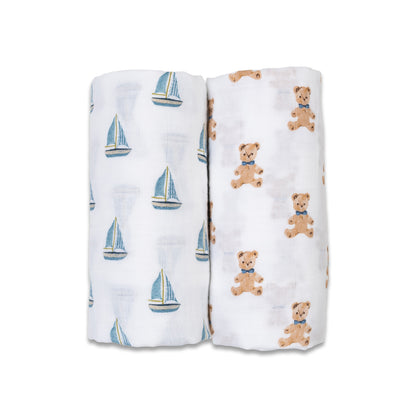 Lulujo - 2 Pack Cotton Swaddles - Vintage Bears / Sailboat (100cm x100cm)